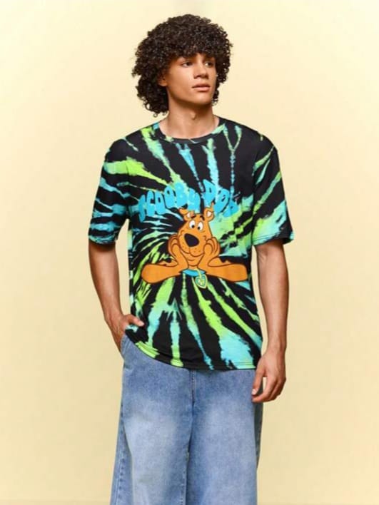Mong Monkey Men's Tie-Dye & Cartoon Print Round Neck Short Sleeve T-Shirt